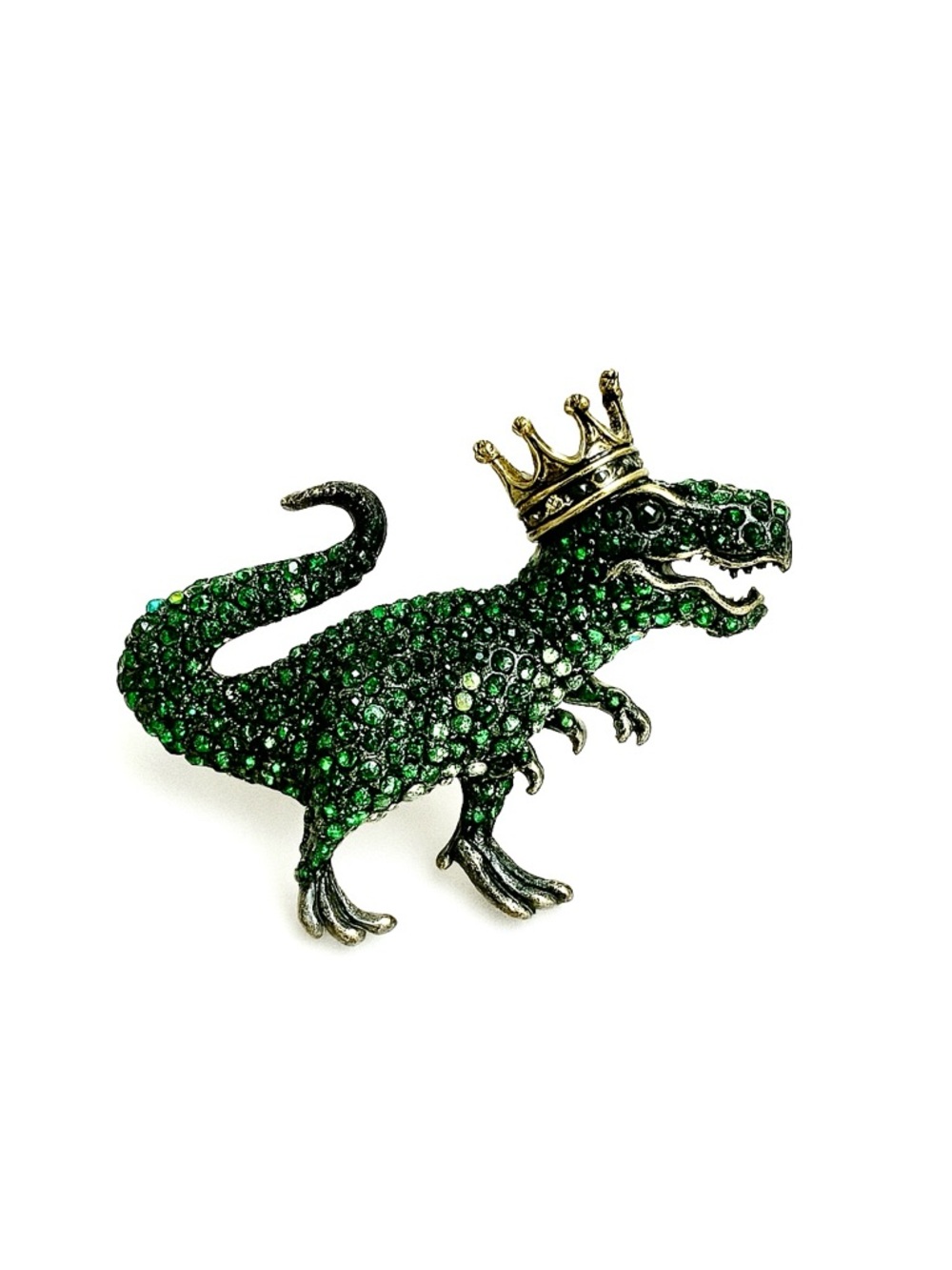 Green Dino Reptile Brooch with Crown